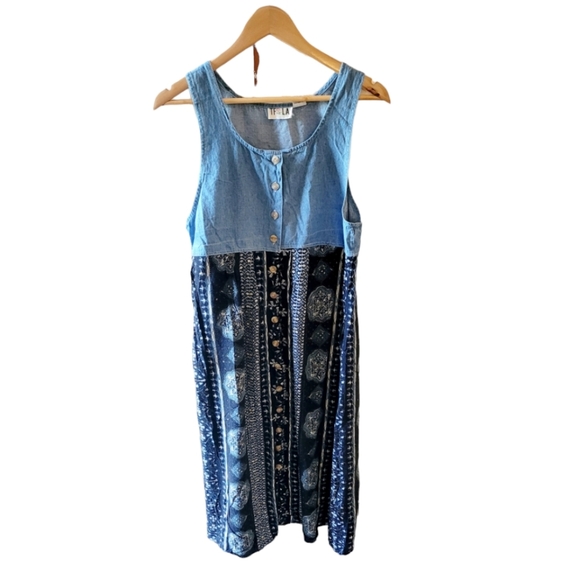IFLA Dresses & Skirts - IFTLA Vintage Blue Denim and Floral V Neck Jumper Dress Size Small Cottage Core